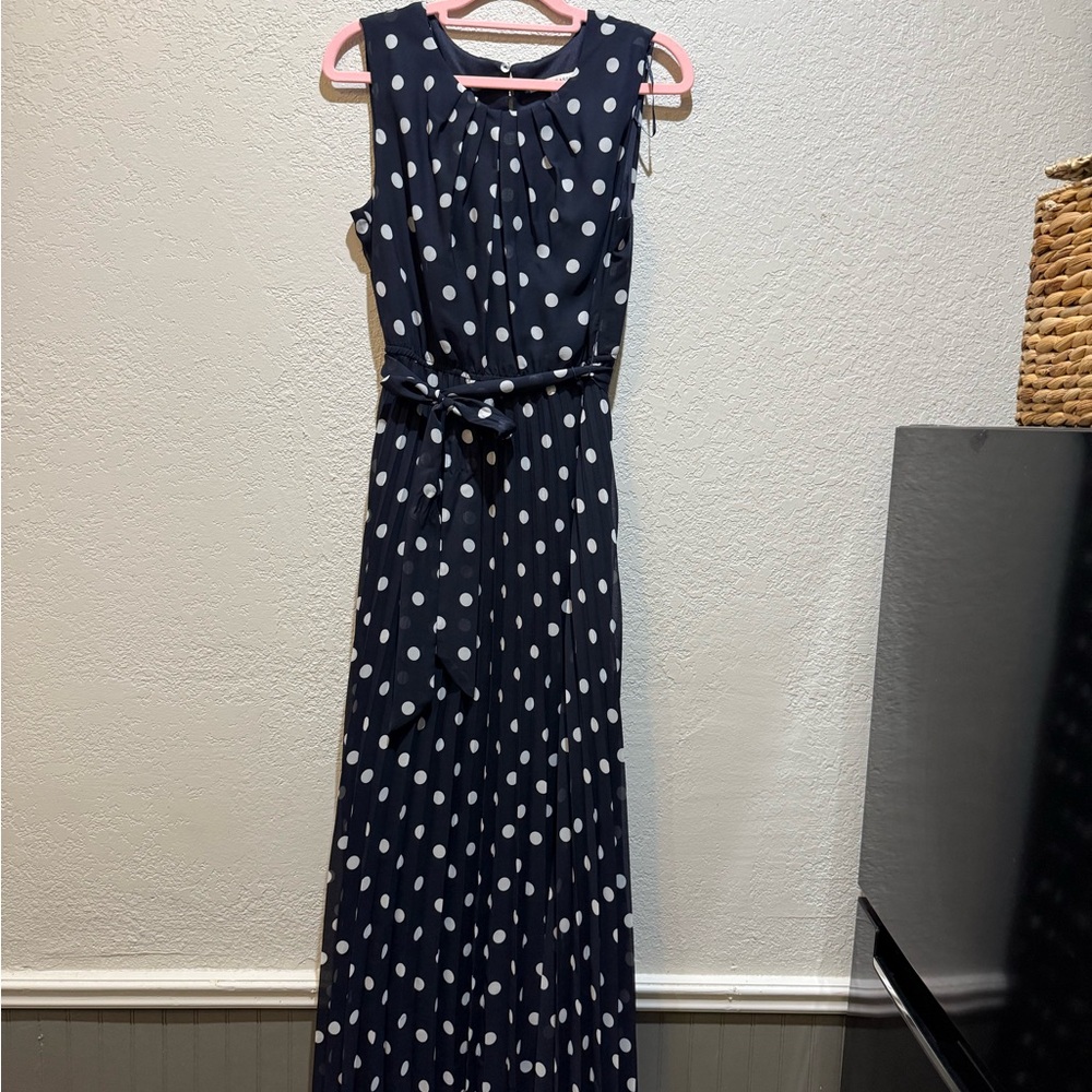 Sandra Darren Navy and White Polka Dot Maxi Dress